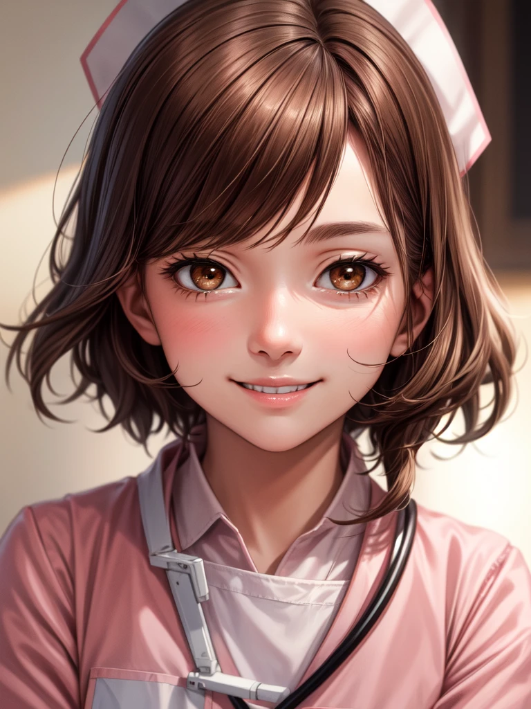 high quality, Realistic, photograph, human, masterpiece, Brown Hair, Brown eyes, talk, smile, Lonely nurse, Light pink uniform, whole body, Student Training