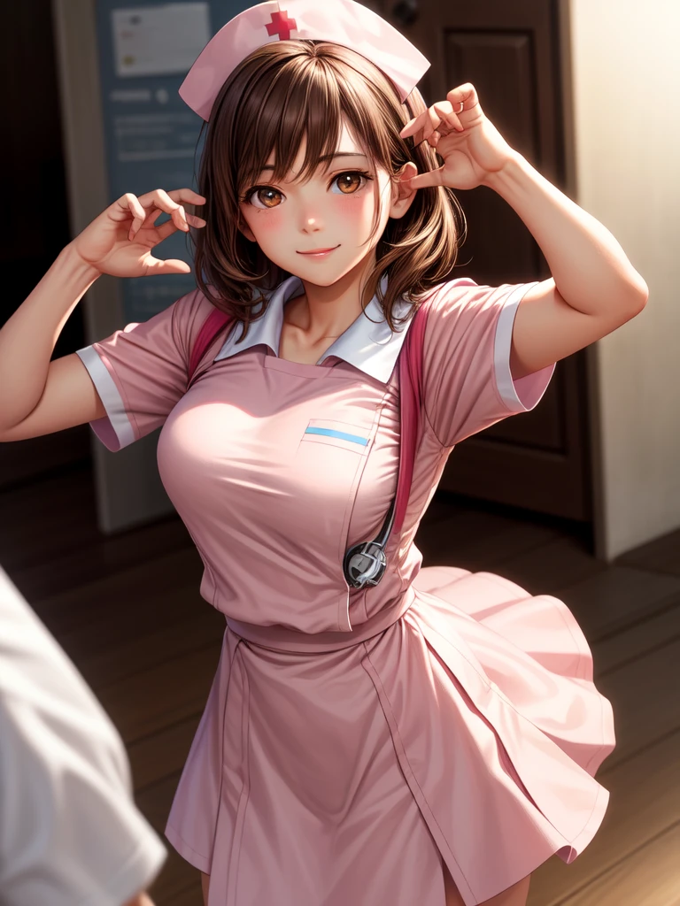 high quality, Realistic, photograph, human, masterpiece, Brown Hair, Brown eyes, talk, smile, Lonely nurse, Light pink uniform, whole body, Student Training