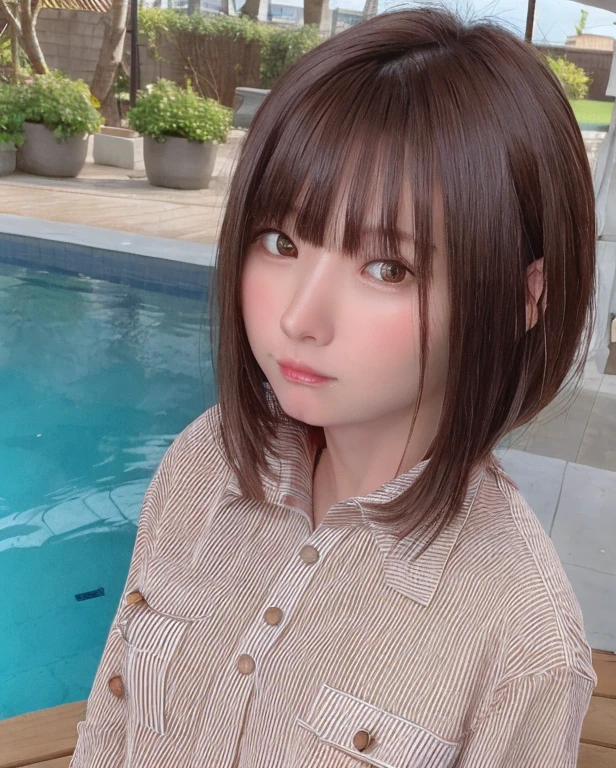 Purelos Face_v1, Highest quality, Realistic, 8K, High resolution, Full Color, One girl, woman, 20 years old woman, (Mouth closed:1.33), (Portraiture:0.6), wood, Dawn, ((Poolside Background:1.52)), Full Color, ((Buttoned shirt:1.88)), View your viewers:1.8, (One girl eyes View your viewers:1.55), (Medium Hair, Brown Hair, Parted bangs:1.35), (Bokeh),