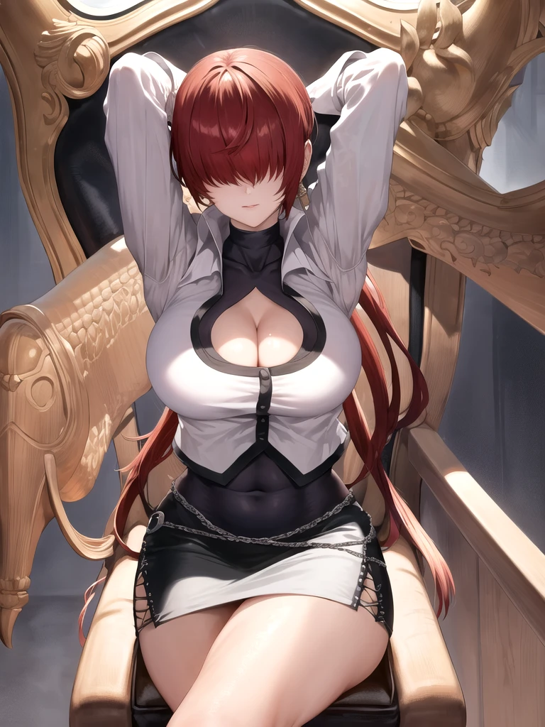 masterpiece, best quality, ultra detailed, looking at viewer, intricate details, rich colors, sharp focus, volumetric lighting, dramatic atmosphere, looking at viewer, 8k, 4k,light particles, highly detailed, detailed eyes, solo, (hair over eyes:1.1), split ponytail, clothing cutout, earrings, jewelry, miniskirt, white skirt, leotard, white jacket, long sleeves, Big , arms behind head, crossed legs,