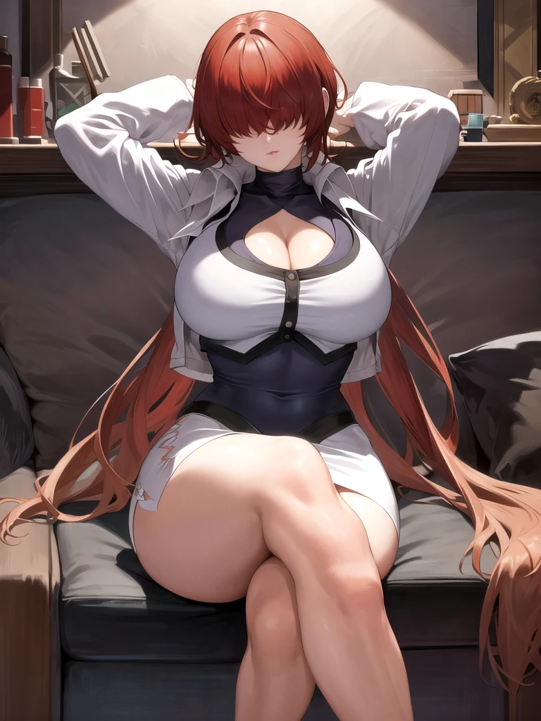 masterpiece, best quality, ultra detailed, looking at viewer, intricate details, rich colors, sharp focus, volumetric lighting, dramatic atmosphere, looking at viewer, 8k, 4k,light particles, highly detailed, detailed eyes, solo, (hair over eyes:1.1), split ponytail, clothing cutout, earrings, jewelry, miniskirt, white skirt, leotard, white jacket, long sleeves, Big , arms behind head, crossed legs,