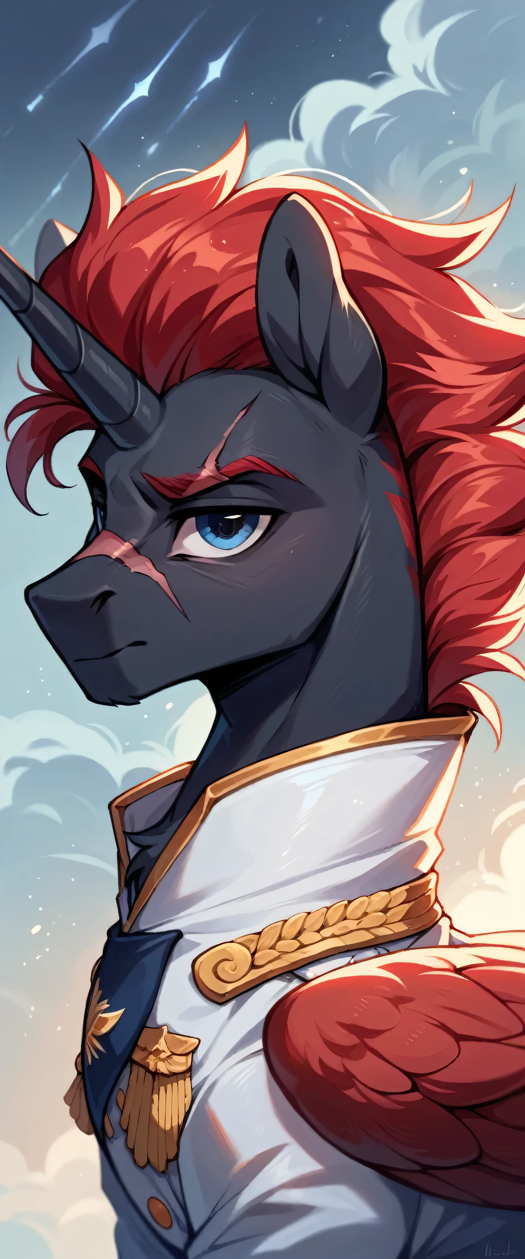 Male alicorn pony, sfw, black fur, dark blue eyes, red stripes, long flowing red hair and tail, scar over left eye, red feathers on wings, thunderstorm butt mark, standing proud, white navy admirals uniform, facing viewer, close-up portrait