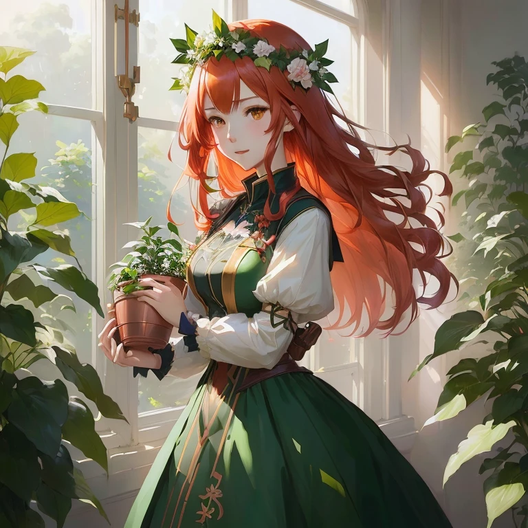 anime girl with long red hair holding a potted plant, marin kitagawa fanart, maiden with copper hair, cute anime waifu in a nice dress, cushart krenz key art feminine, goddess of nature, guweiz on pixiv artstation, artwork in the style of guweiz, guweiz on artstation pixiv