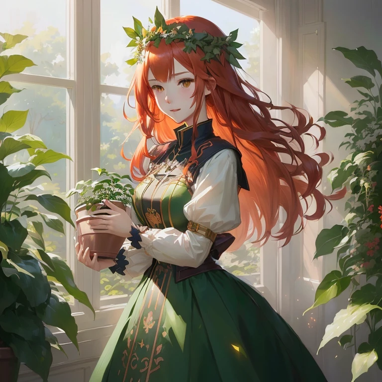 anime girl with long red hair holding a potted plant, marin kitagawa fanart, maiden with copper hair, cute anime waifu in a nice dress, cushart krenz key art feminine, goddess of nature, guweiz on pixiv artstation, artwork in the style of guweiz, guweiz on artstation pixiv