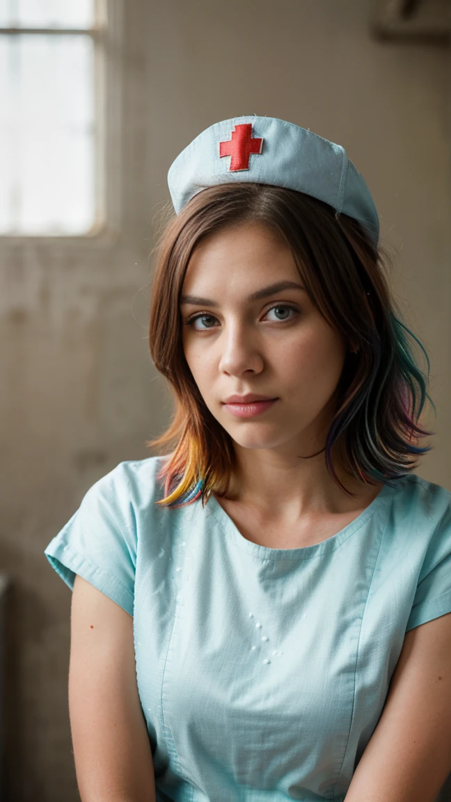 multicolored hair, nurse cap, aqua eyes, blush, cinematic lighting, first-person view, cowboy shot, UHD, masterpiece, accurate, textured skin, super detail, best quality