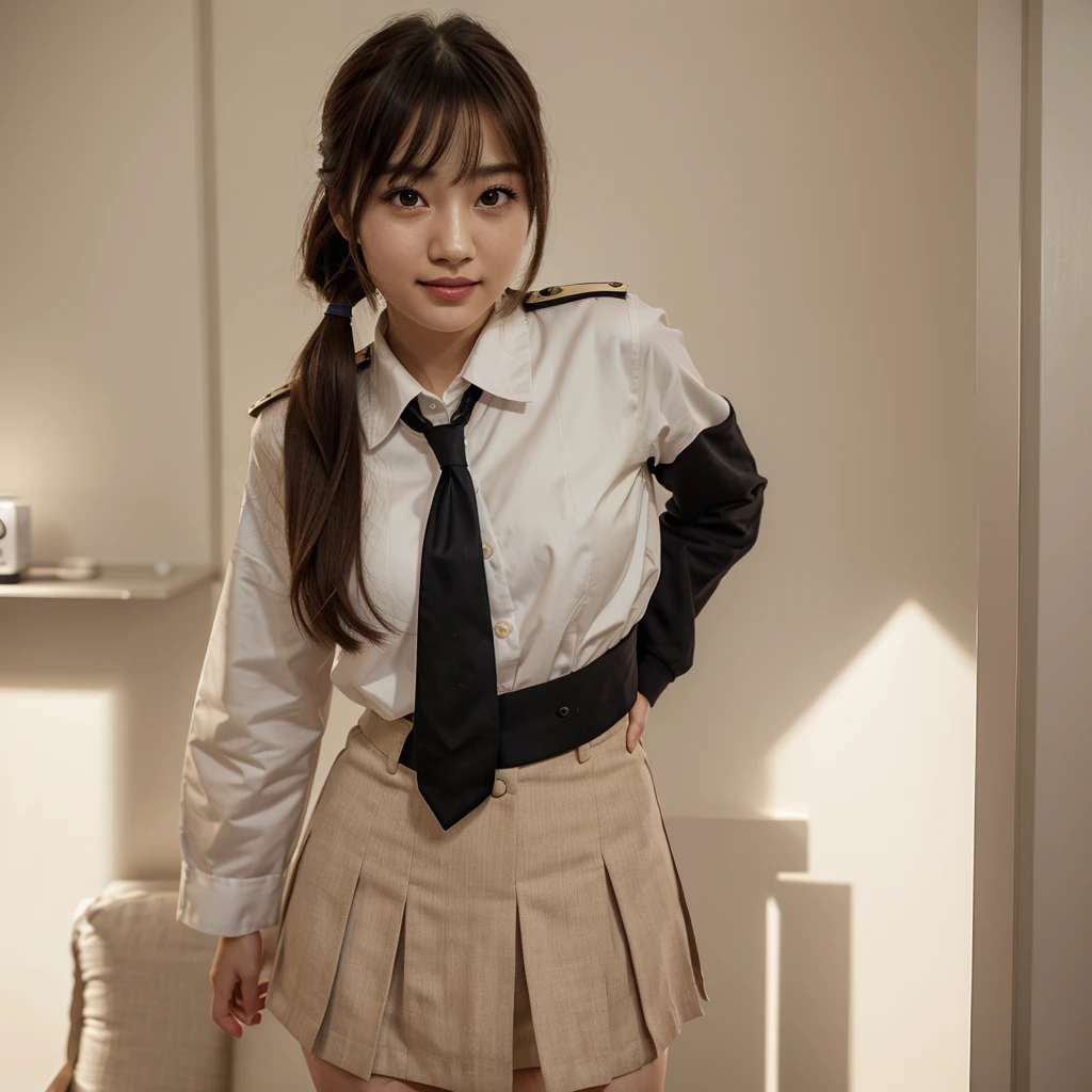 Black Eyes, 1 woman, (female)), solo, real, top quality, photorealistic, masterpiece, 8K, HDTV, solo, hdtv face, soft lighting, bedroom, ((daytime)), sky, (looking at camera), (portrait: 0.6), full-body, (medium hair), ponytail, brown hair, floating hair, lips, lipstick, seductive smile, Floating hair, smile, open mouth, teeth, eyelashes, Nogizaka 46, Moeka Tada, Akari Suda, idol, beautiful girl, ((uniform)), (((standing))