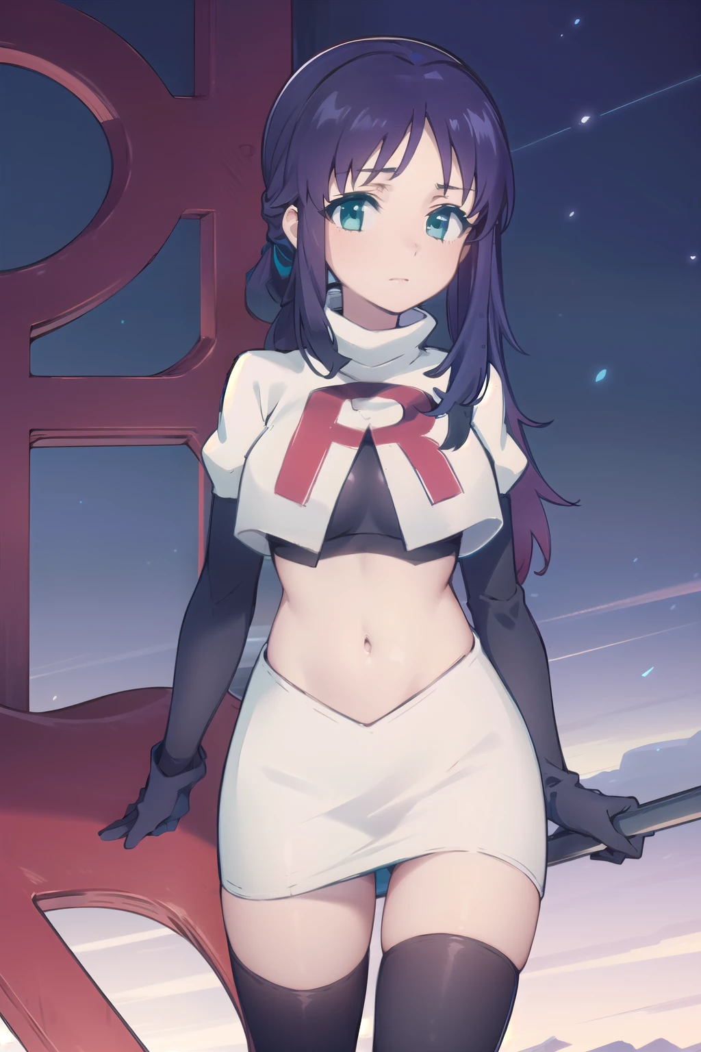 1girl,solo,outdoor,
 aatisaki,blue_hair,blue_eyes,side_ponytail,team rocket,team rocket uniform,white skirt,red letter R,crop top,black thigh-highs,black elbow gloves