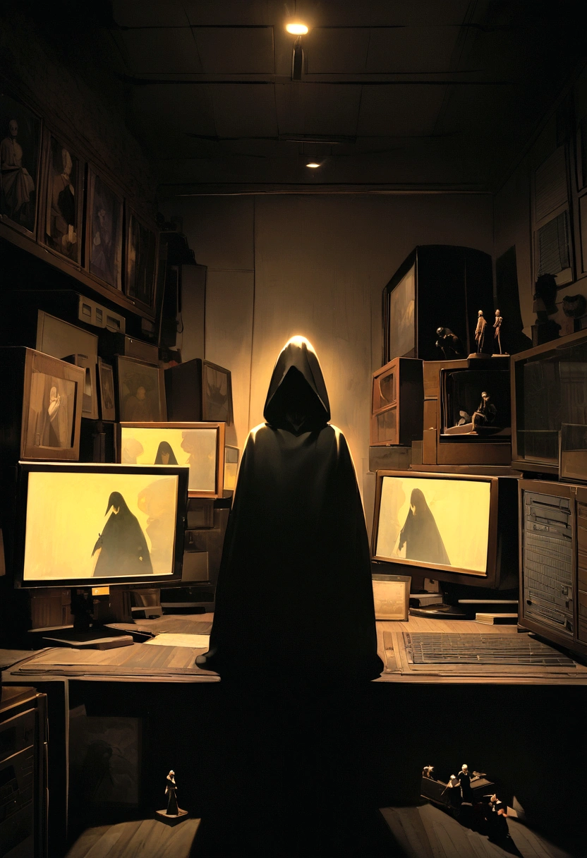 In the dimly lit room, a mysterious figure cloaked in darkness stands amidst an array of black and yellow computer monitors, the xadrez theme adding a subtle touch of complexity to the scene. The man's features remain hidden as he peers out from under the shadows of his black hoodie. This captivating image, possibly a photograph, captures the enigmatic aura of the figure, enhancing the suspense and intrigue of the overall composition. The high quality of the image heightens the sense of mystery and draws the viewer into the narrative being depicted.