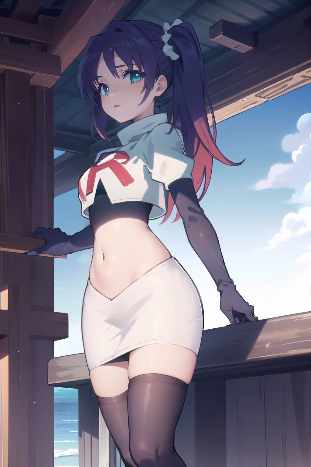 1girl,solo,outdoor,
 aatisaki,blue_hair,blue_eyes,side_ponytail,team rocket,team rocket uniform,white skirt,red letter R,crop top,black thigh-highs,black elbow gloves