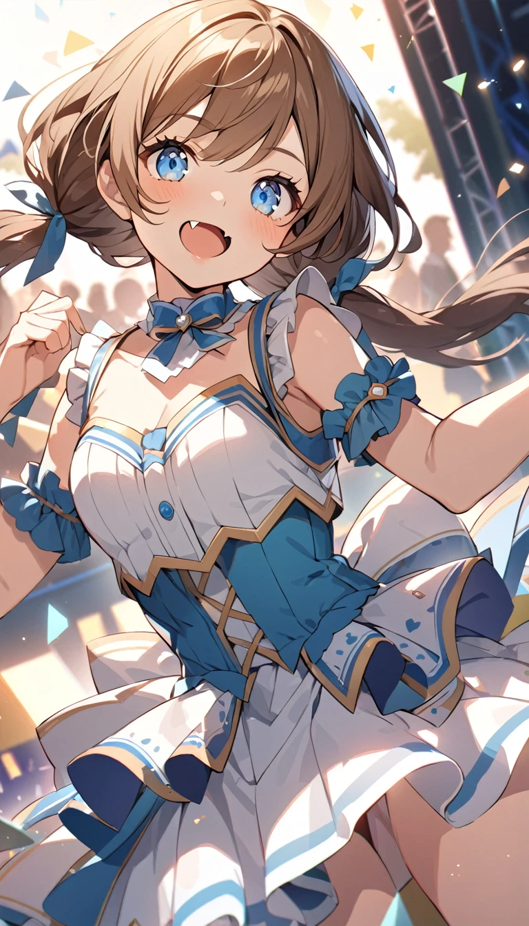 BREAK Perfect Anatomy、(High resolution:1.2)、Incredible illustrations、(Cute illustrations:1.2)、()(cinematic angle,close to viewer,dynamic angle,)
(Beautiful background(premium stage) single focus,)
1girl(brown hair,Low long twin tails (blue eyes,faint lips,fang,;D)idol costume)
sing and dance:1.4