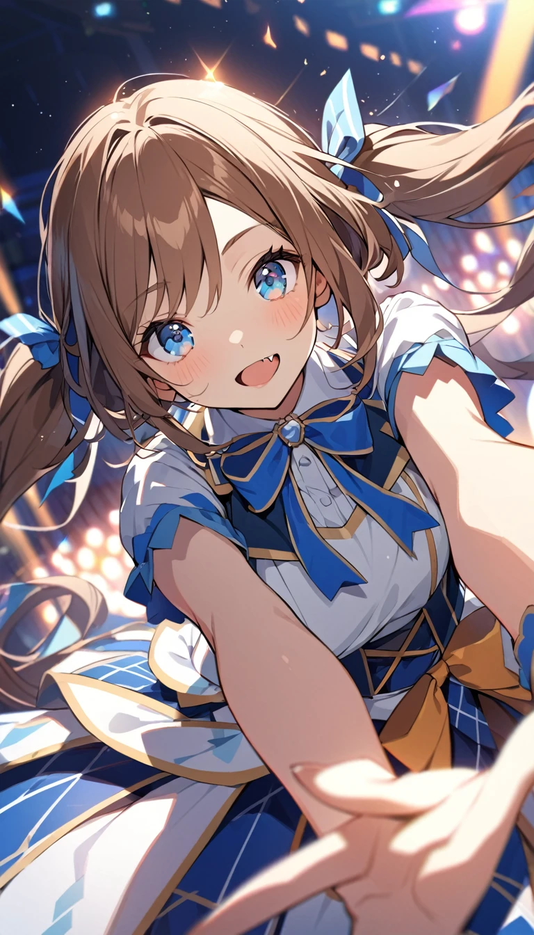 BREAK Perfect Anatomy、(High resolution:1.2)、Incredible illustrations、(Cute illustrations:1.2)、()(cinematic angle,close to viewer,dynamic angle,)
(Beautiful background(premium stage) single focus,)
1girl(brown hair,Low long twin tails (blue eyes,faint lips,fang,;D)idol costume)
sing and dance:1.4
