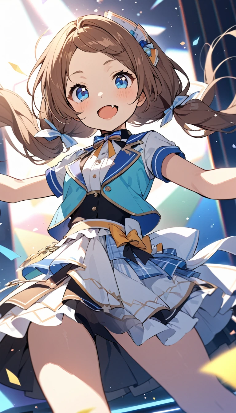 BREAK Perfect Anatomy、(High resolution:1.2)、Incredible illustrations、(Cute illustrations:1.2)、()(cinematic angle,close to viewer,dynamic angle,)
(Beautiful background(premium stage) single focus,)
1girl(brown hair,Low long twin tails (blue eyes,faint lips,fang,;D)idol costume)
sing and dance:1.4