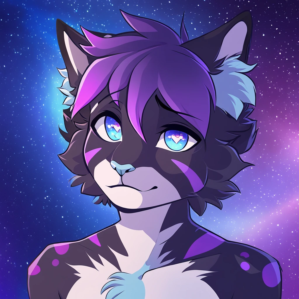 adult, feline, mammal, anthro, anthromorphic, cat, striped, fur, furred_anthro, femboy, male, dark_blue, ear_tufts, paws, hair_tuft, hair_between_eyes, long_tail, fluffy, expressive_eyes, purple_hair, light, galaxy_fur, looking_at_viewer, light_blue_chest, shy, small_pupils, spotted_pattern, stripes, digital_art, high_resolution, high_res, background shy, head_visible, neck_visible, profile_picture, seductive_face, galaxy_background