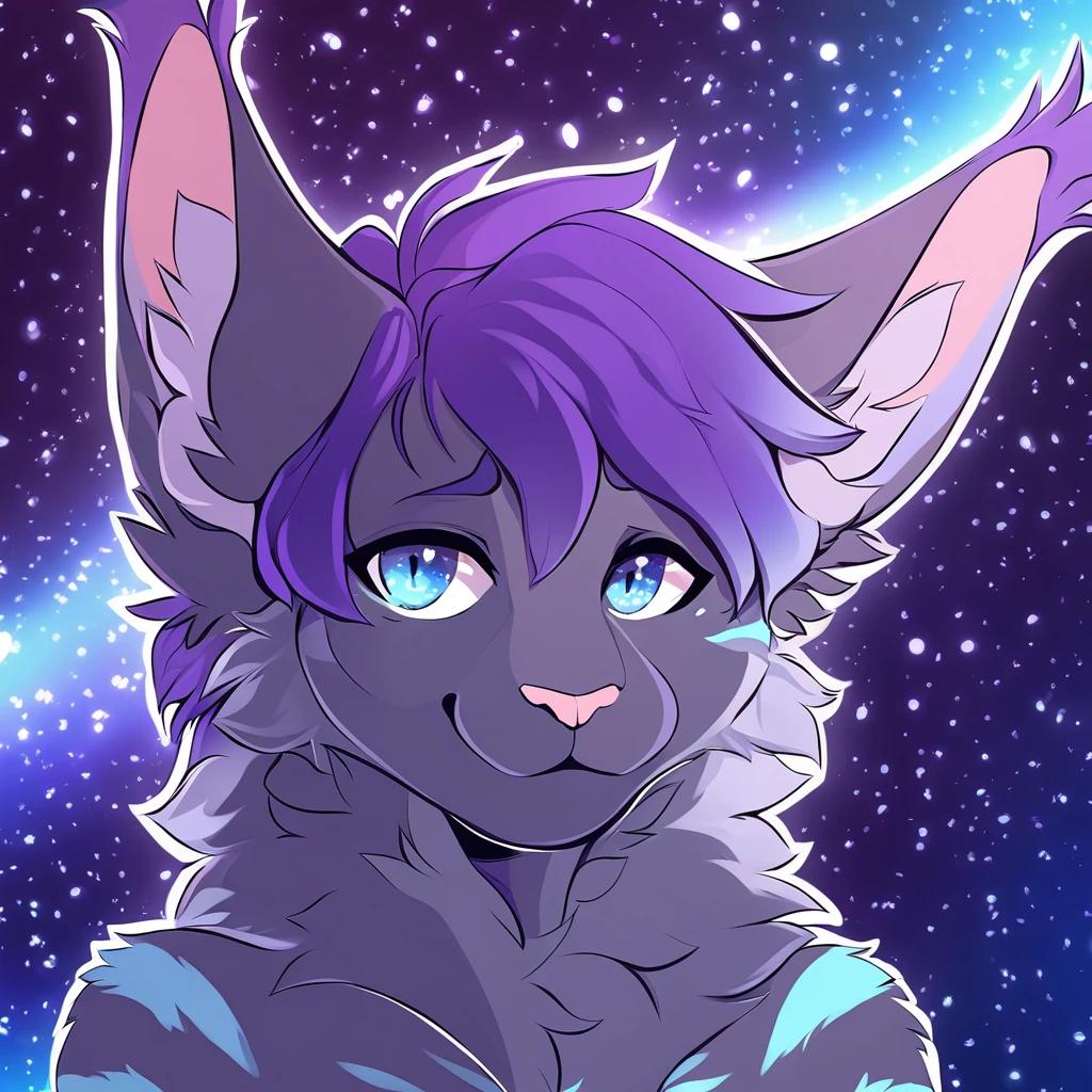 adult, feline, mammal, anthro, anthromorphic, cat, striped, fur, furred_anthro, femboy, male, dark_blue, ear_tufts, paws, hair_tuft, hair_between_eyes, long_tail, fluffy, expressive_eyes, purple_hair, light, galaxy_fur, looking_at_viewer, light_blue_chest, shy, small_pupils, spotted_pattern, stripes, digital_art, high_resolution, high_res, background shy, head_visible, neck_visible, profile_picture, seductive_face, galaxy_background