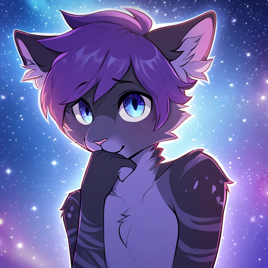 adult, feline, mammal, anthro, anthromorphic, cat, striped, fur, furred_anthro, femboy, male, dark_blue, ear_tufts, paws, hair_tuft, hair_between_eyes, long_tail, fluffy, expressive_eyes, purple_hair, light, galaxy_fur, looking_at_viewer, light_blue_chest, shy, small_pupils, spotted_pattern, stripes, digital_art, high_resolution, high_res, background shy, head_visible, neck_visible, profile_picture, seductive_face, galaxy_background