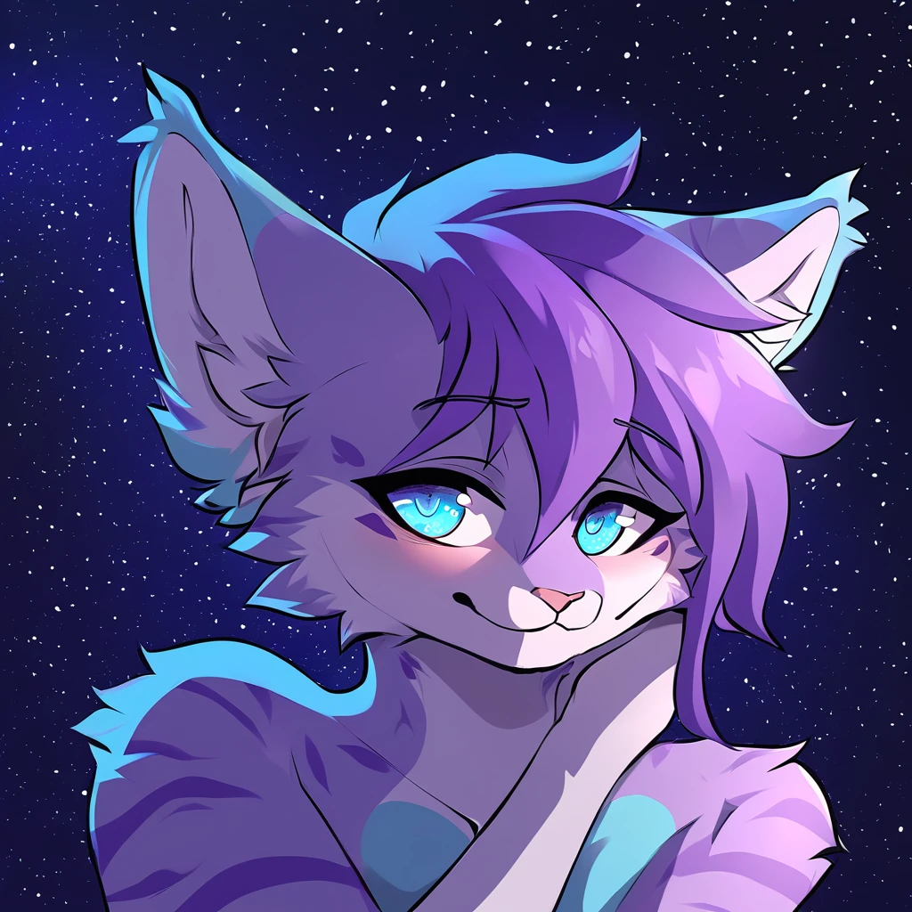 adult, feline, mammal, anthro, anthromorphic, cat, striped, fur, furred_anthro, femboy, male, dark_blue, ear_tufts, paws, hair_tuft, hair_between_eyes, long_tail, fluffy, expressive_eyes, purple_hair, light, galaxy_fur, looking_at_viewer, light_blue_chest, shy, small_pupils, spotted_pattern, stripes, digital_art, high_resolution, high_res, background shy, head_visible, neck_visible, profile_picture, seductive_face, galaxy_background