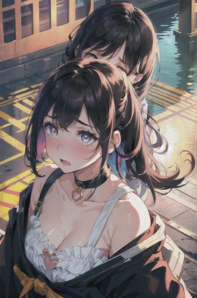 highres, highest quallity, illustration,  ultra detailed, (detailed face), (detailed eyes), soft lighting, best quality, hazy glow, dreamy atmosphere, hyper detailed, masterpiece, 1girl, solo,black long hair, (black eyes:1.2), (white tank top:1.0), luminous eyes, (colorful), (Looking Down from Above:1.8), (upturned eyes :1.5), outdoors, clouds, tall buildings in background, industrial, public transportation, urban, concrete, sidewalk,summer, black choker, silver bracelet,(wet:0.8),(sweat:0.8) ,backlighting, Radiant Sunset, Golden Embrace, Vibrant Twilight, Ablaze in Colors, Serenading Sun, romantic, looking pleasured,  (Beaming face,:1.2), (embarrassed,blush:1.3), Gleaming eyes, Sparkling gaze, Genial smile,(looking at viewer:1.2), big laugh, great joy,open mouth,heart