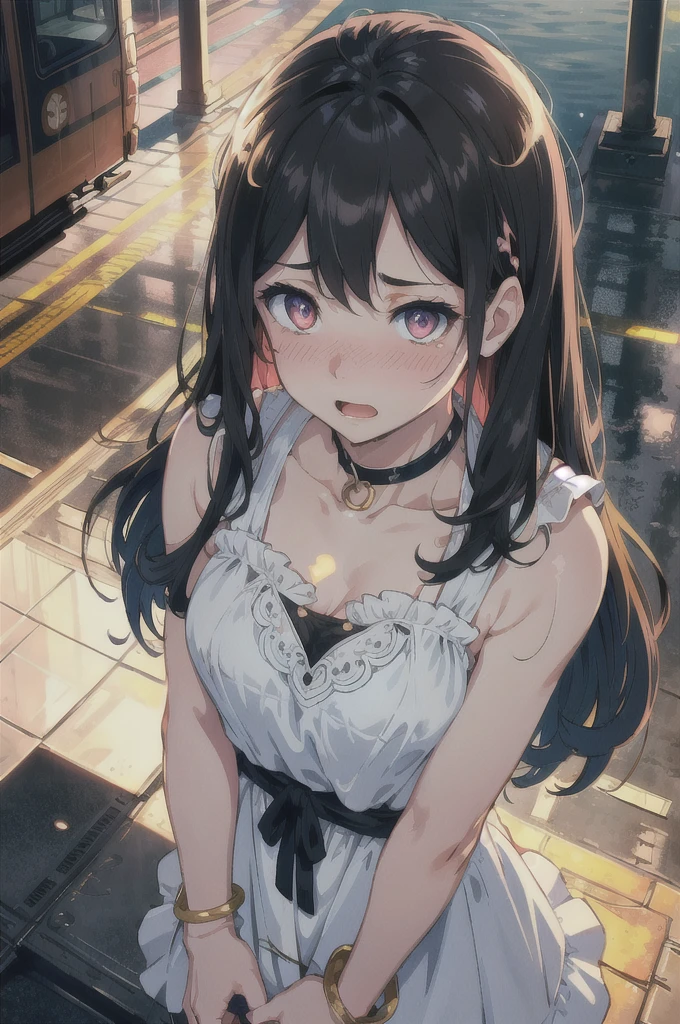 highres, highest quallity, illustration, ultra detailed, (detailed face), (detailed eyes), soft lighting, best quality, hazy glow, dreamy atmosphere, hyper detailed, masterpiece, 1girl, solo,black long hair, (black eyes:1.2), (white tank top:1.0), luminous eyes, (colorful), (Looking Down from Above:1.8), (upturned eyes :1.5), outdoors, clouds, tall buildings in background, industrial, public transportation, urban, concrete, sidewalk,summer, black choker, silver bracelet,(wet:0.8),(sweat:0.8) ,backlighting, Radiant Sunset, Golden Embrace, Vibrant Twilight, Ablaze in Colors, Serenading Sun, romantic, looking pleasured, (Beaming face,:1.2), (embarrassed,blush:1.3), Gleaming eyes, Sparkling gaze, Genial smile,(looking at viewer:1.2), big laugh, great joy,open mouth,heart