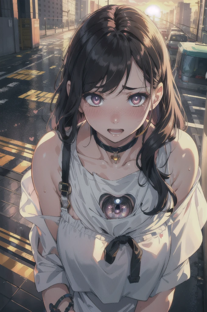 highres, highest quallity, illustration, ultra detailed, (detailed face), (detailed eyes), soft lighting, best quality, hazy glow, dreamy atmosphere, hyper detailed, masterpiece, 1girl, solo,black long hair, (black eyes:1.2), (white tank top:1.0), luminous eyes, (colorful), (Looking Down from Above:1.8), (upturned eyes :1.5), outdoors, clouds, tall buildings in background, industrial, public transportation, urban, concrete, sidewalk,summer, black choker, silver bracelet,(wet:0.8),(sweat:0.8) ,backlighting, Radiant Sunset, Golden Embrace, Vibrant Twilight, Ablaze in Colors, Serenading Sun, romantic, looking pleasured, (Beaming face,:1.2), (embarrassed,blush:1.3), Gleaming eyes, Sparkling gaze, Genial smile,(looking at viewer:1.2), big laugh, great joy,open mouth,heart