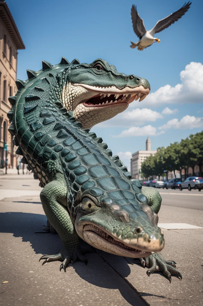 An alligator in a pigeon's mouth