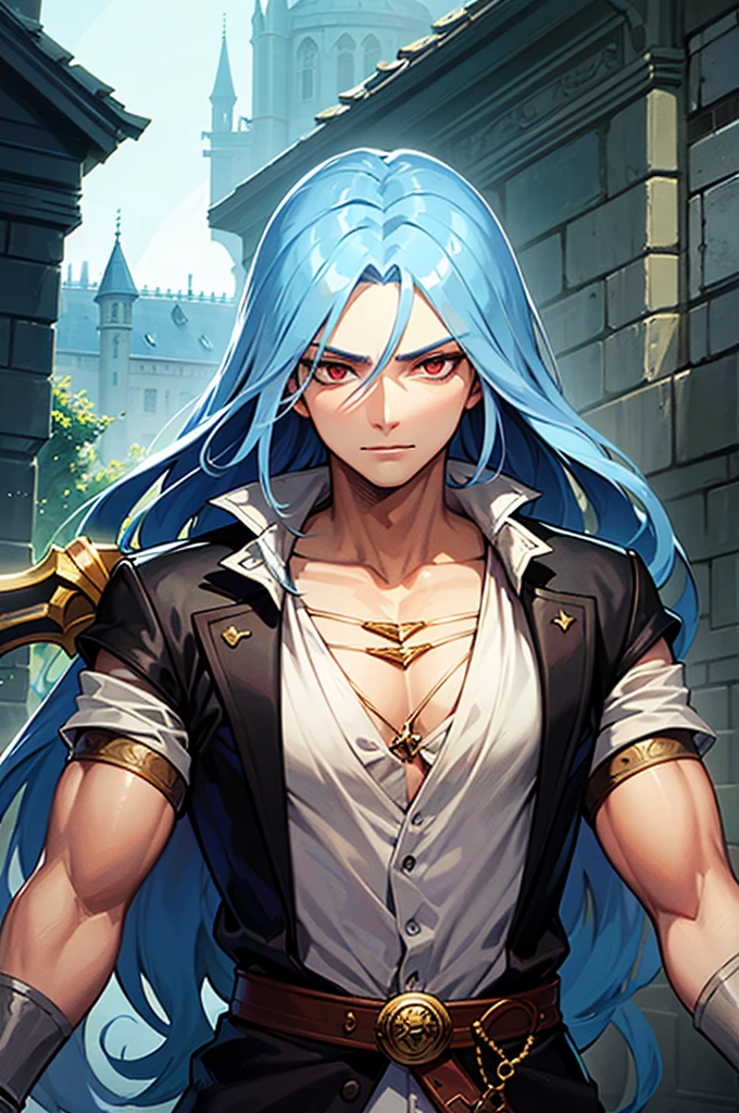 A man with long blue hair, Red eyes, white eyelashes with feminine features but very attractive in the style of the anime Castlevania, He carries a sword and is in a palace