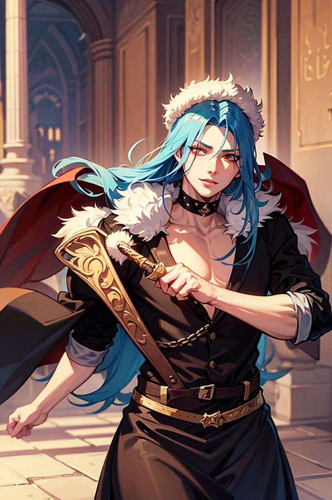 A man with long blue hair, Red eyes, white eyelashes with feminine features but very attractive in the style of the anime Castlevania, He carries a sword and is in a palace