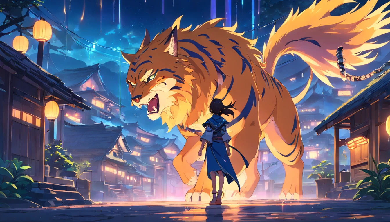 Old anime style, artbook, comicbook, RPG, futuristic tribal, tribalpunk. Magical beast man, wearing glowing magical tribal armor, stone skin with carved magic marks, dynamic pose, full body, face with glowing magical tribal tattoos with warm tones, beast features, beast tail, beast fur on ears, glowing eyes , using a magical long spear with glowing magical markings. A magical village in a kingdom of an ancient civilization with mystique, with buildings with neon details, with magical vegetation mixed in with the huts. Wide scenery, cinematic scene with several layers of depth, dynamics, magical lighting.