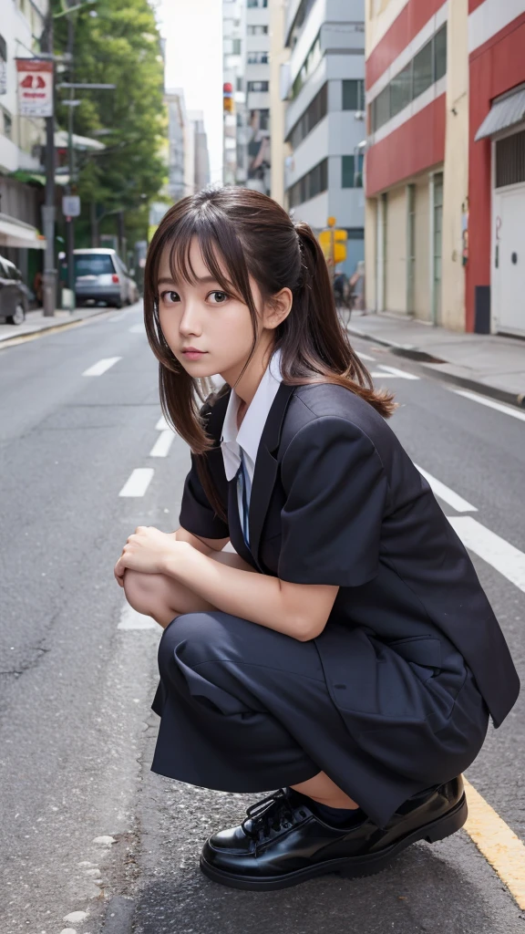 Reality、photo shoot、
Miho Ohashi、18-year-old、
Hairstyle up、cute、
uniform、squat、