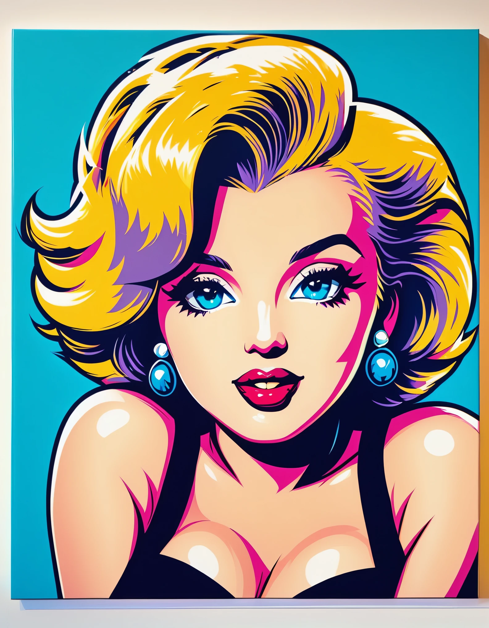 A pop art depiction of Marilyn Monroe, featuring bold colors, strong outlines, and a modern, playful feel. Hyper-realistic, vibrant colors, 16k