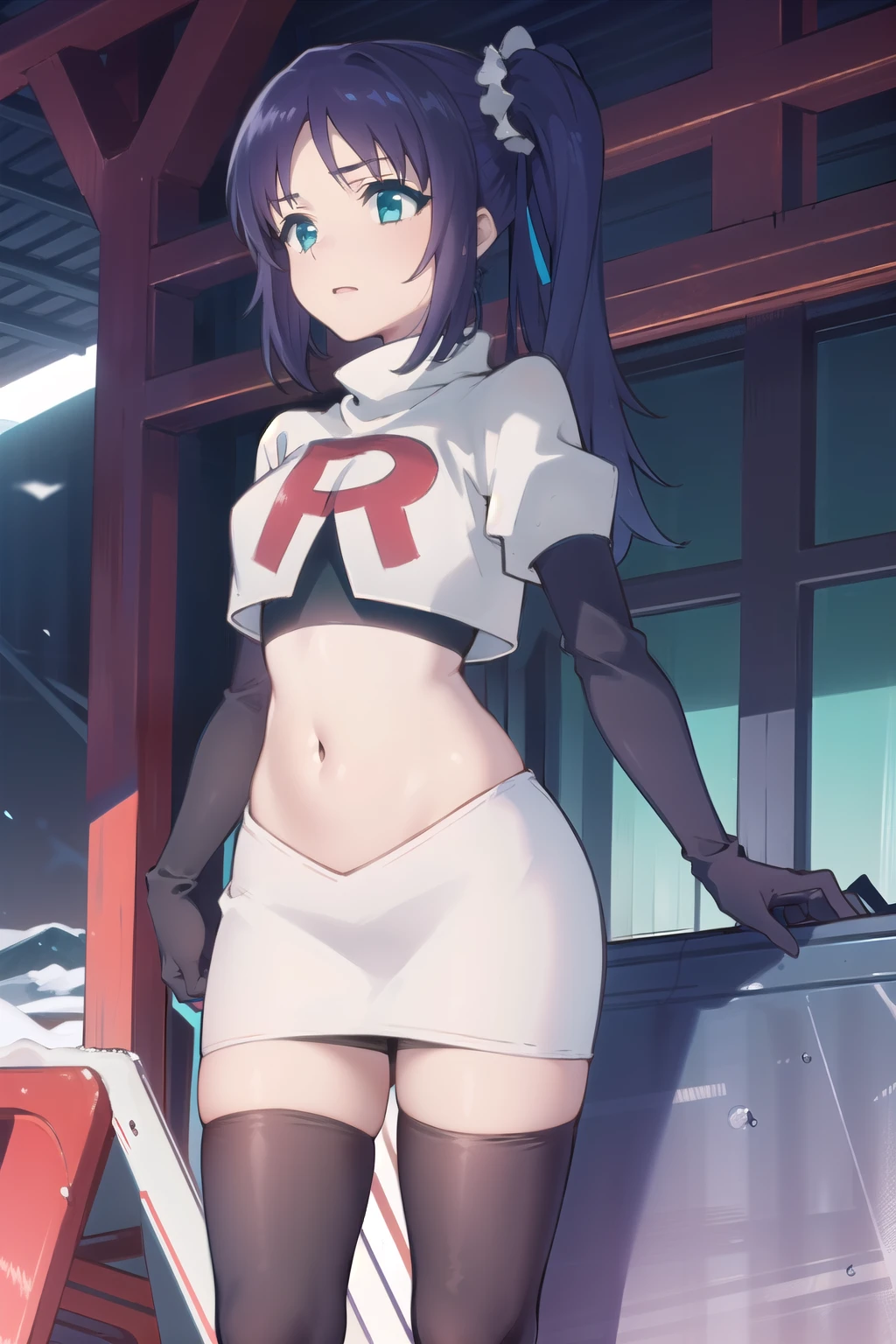 1girl,solo,outdoor,
 aatisaki,blue_hair,blue_eyes,side_ponytail,team rocket,team rocket uniform,white skirt,red letter R,crop top,black thigh-highs,black elbow gloves