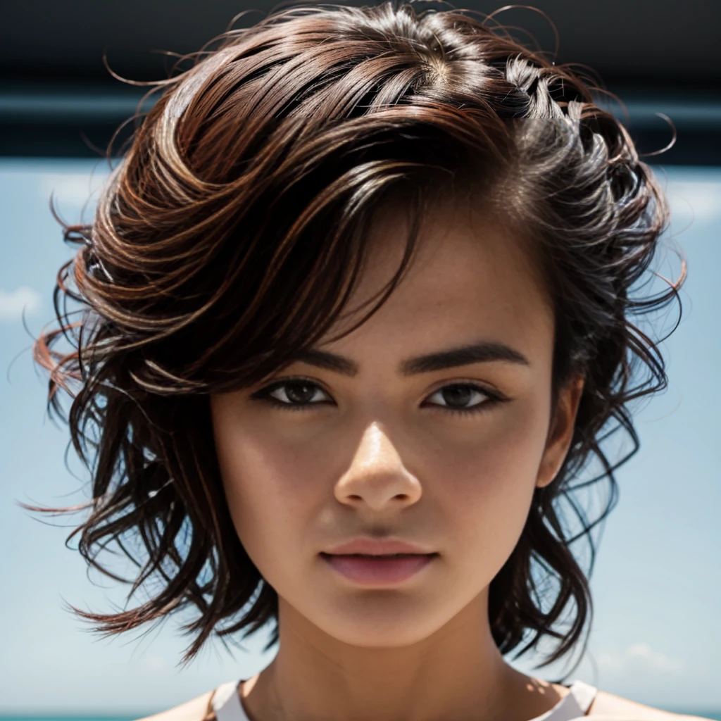 (head of'artwork), (realistic), (best quality), (8k), ultra detailed, HD, BRUT, (1 woman), beautiful young woman, young Danielle Nicolet:0.4, The young Lais Ribeiro:0.2, young Maya Jama:0.4, big, beautiful brown eyes, hermosos ojos almendrados marrones realistics y detallados, beautiful brown hair, small nose, greek nose, perfectly straight nose, the most beautiful straight nose, exceptional beautiful woman, Transparent red lipstick, wear a yellow shirt dress, in the lake