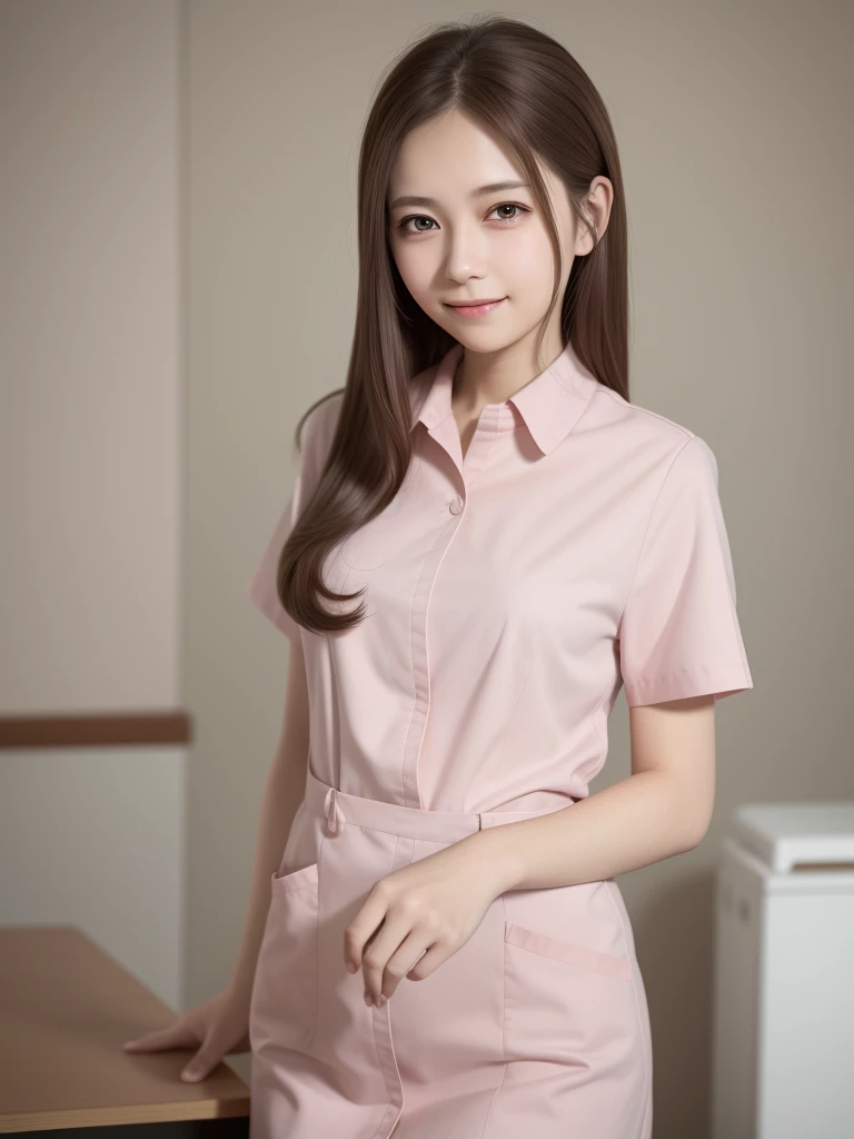 high quality, Realistic, photograph, human, masterpiece, Brown Hair, Brown eyes, talk, smile, Lonely nurse, Light pink uniform, whole body, Student Training