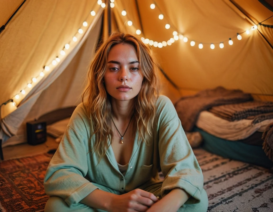a young woman. mindfulness, the woman sits beside a camping tent INSIDE her room, she's wearing loungewear and pendants, cozy, romantic realistic, sanctuary, paper lamps, string lights, magik, Focus sharp, Original amateur photo, Beautiful 29 year old American woman, widows peak hair, WIDOWS PEAK, Just woke up, A TENT INSIDE, Take a selfie while in dreams, bedroom eyes, heavy eyelids, jaw-dropping, sleepy woman, Thin loungewear , amber hair, Detailed skin texture & pores, (goosebumps:0.8), sunburn:0.3, sits beside a vibrant tent inside a room, looking at viewer, Face focus, peaceful longing, Taken with mobile phone camera, old camera phone image, filmgrain, flashlight, flash, comfortable, camping tent inside a room, evening, intimacy, Instagram lookup table
