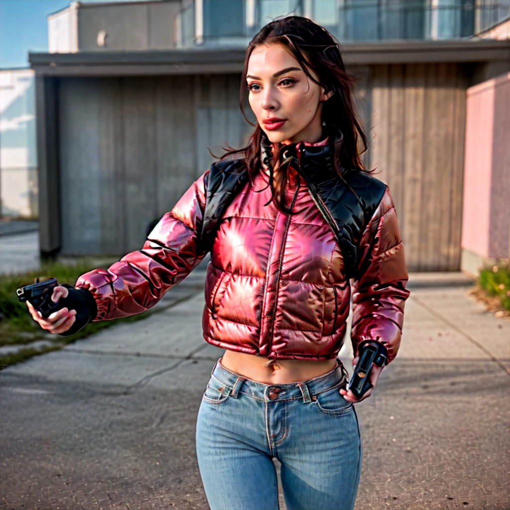 Creates a hyper realis image of a ((full body woman)) with perfect facial features, combed details in high definition, with nice expression, wearing ((Balenciaga puffer oversized style jacket:1.3 detailed red)) (((vivid color metallic reflective)), (playing gracefully with a pistol:1.4) in front of the camera with excellent lighting, hyper realistic natural landscape realistic colors of a suburban neiborhood,  best quality, top quality, masterpiece, imaging, high resolution photography camera 100mm lens