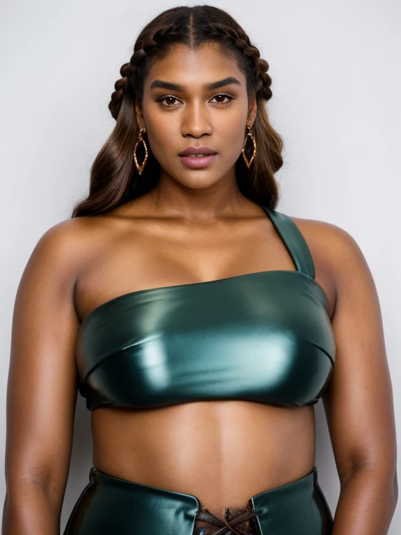 Foto RAW, close up portrait of a 40 year-old gorgeous confident blasian dark-skinned medieval fantasy queen, big breast , ((topless)), extremely gorgeous, looks like Kriti Sanon, oily skin, shining skin, skin pores, almond-shaped eyes, plump lips, gorgeous hazel-colored eyes, long hair, dutch braids, elaborate hairdo, serious look,