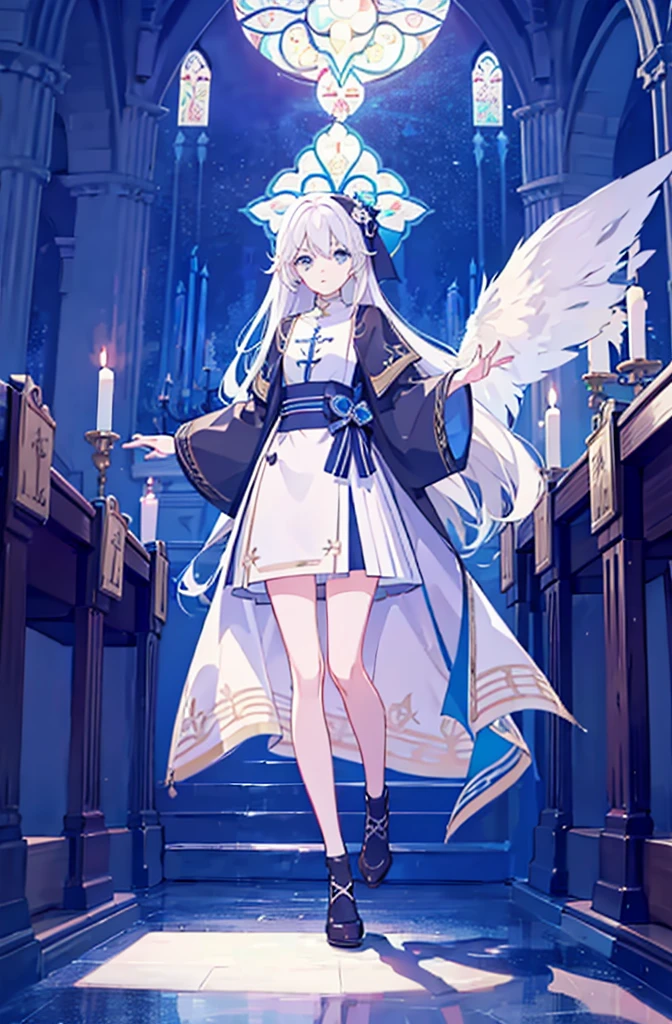 (Best Quality),(masutepiece:1.1),(the Extremely Detailed CG Unity 8K Wallpapers:1.1), (Colorful:0.9),1girl, white hair, solo focus, clearly, blue eyes, very long hair, stole, priest, Bishojo, church