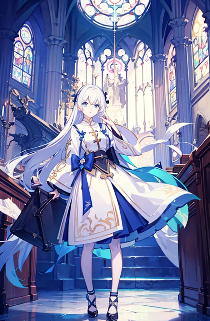 (Best Quality),(masutepiece:1.1),(the Extremely Detailed CG Unity 8K Wallpapers:1.1), (Colorful:0.9),1girl, white hair, solo focus, clearly, blue eyes, very long hair, stole, priest, Bishojo, church