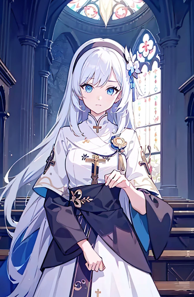 (Best Quality),(masutepiece:1.1),(the Extremely Detailed CG Unity 8K Wallpapers:1.1), (Colorful:0.9),1girl, white hair, solo focus, clearly, blue eyes, very long hair, stole, priest, Bishojo, church