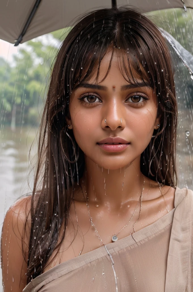 (highest quality,Ultra HD: 1.3), One Girl, ((indian girl)), Light brown hair, Blunt bangs, Ultra Fine Face, Delicate lips, Beautiful Eyes, Light blush, eyes are light brown, Perfect glowing skin, Perfect Skin, Shining Sweat,Ultra-thin needle, (Realistic:1.3), 8k,full, road outside area, ((indian girl)), ((The heavy rain drenching the body)),