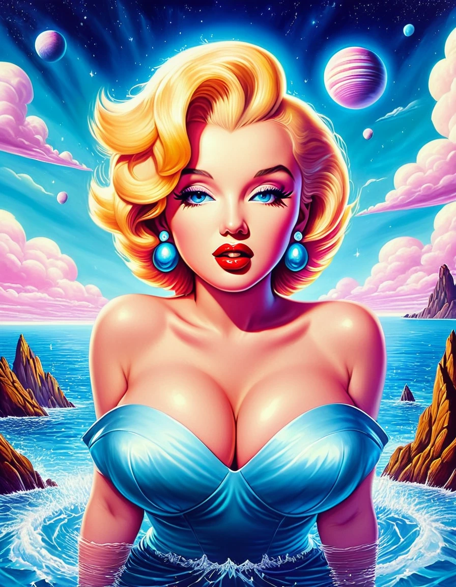 A surrealist painting of Marilyn Monroe, with dreamlike elements and imaginative, otherworldly details. Hyper-realistic, vibrant colors, 16k