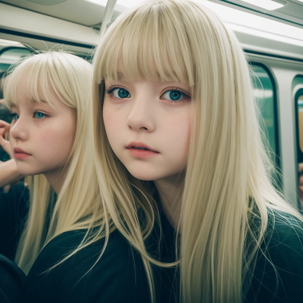Pale blonde teen girl bangs long soft silky hair, blue-green eyes, Taking a photo on the New York subway looking intimately at the camera with her rosy cheeks and eyeliner