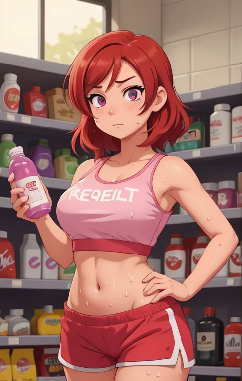 Nishikino maki, purple eyes,red hair,pink Crop top, white tight shorts,soaked in sweat,sweaty,  heavy breathing,red face,blunt hair,curvy body, standing in supermarket and holding water bottle