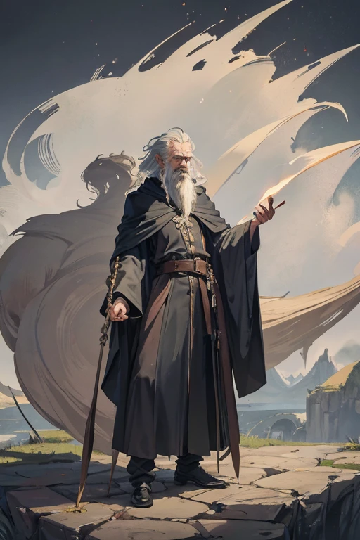 grumpy old wizard, skinny, lanky, long ruffled whispy hair