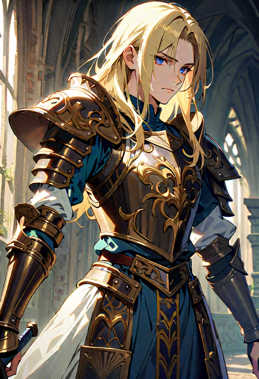 19-year-old male, dark blue eyes, long blond hair, thin frame, 170 cm tall, medieval armor, long two-handed sword, warrior, intense, noble, graceful strength, intricate engravings
