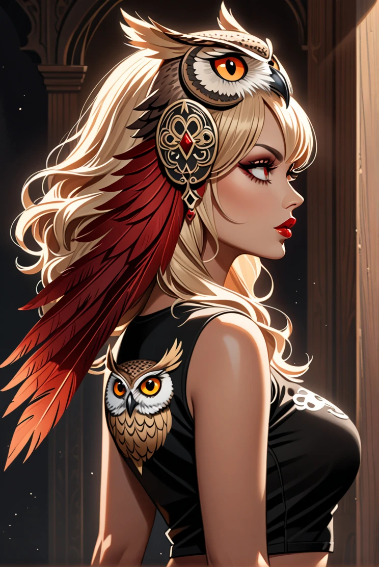3/4 view, Woman Madara Naruto + Pamela Anderson sexy big ass wearing an (owl headdress), looking away, [Surrealism | Pop Surrealism | Lowbrow Art], [Photography | Digital Painting], in the style of [Brian Viveros | Mark Ryden | Audrey Kawasaki], [rich colors | intricate details], inspired by [Film Noir | Gothic Fashion] t shirt gold black  sexy decote melancholic woman with intense blue eyes, wearing a detailed and realistic owl headdress, dramatic shadows, intricate feather textures, high contrast, mysterious atmosphere, fine detailing, soft focus, 8k, trending on ArtStation. by Satori Canton🧸