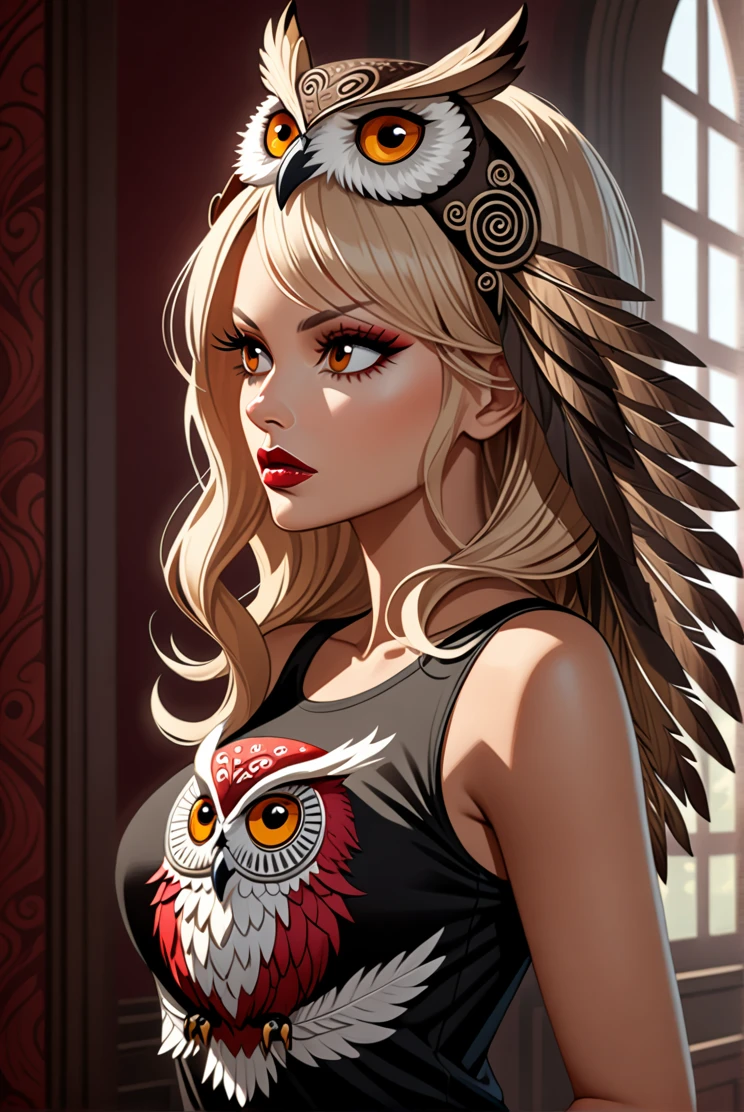 3/4 view, Woman Sakura + Pamela Anderson sexy big ass wearing an (owl headdress), looking away, [Surrealism | Pop Surrealism | Lowbrow Art], [Photography | Digital Painting], in the style of [Brian Viveros | Mark Ryden | Audrey Kawasaki], [rich colors | intricate details], inspired by [Film Noir | Gothic Fashion] t shirt red sexy decote melancholic woman with intense eyes, wearing a detailed and realistic owl headdress, dramatic shadows, intricate feather textures, high contrast, mysterious atmosphere, fine detailing, soft focus, 8k, trending on ArtStation. by Satori Canton🧸