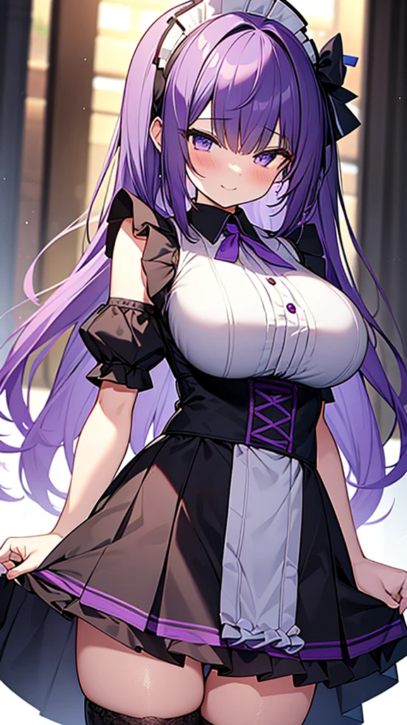 最high quality, high quality, 16K, Ultra-detailed details, pretty girl, alone, beautiful purple hair, Beautiful purple eyes, Big Breasts, A light smile, Maid clothes, I'm lifting my skirt, Striped underwear, My crotch is wet with love juice, {{A succubus strips off the maid&#39;s face and clothes and takes her place}}, Full body image, NSFW