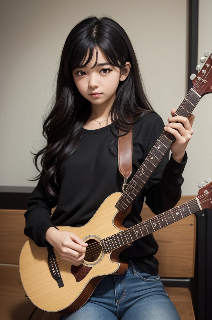 (work of art, maximum quality) 1 girl, , musical instrument shop, alone , black blouse , brown dark eyes , holding a giaannini guitar ,black headphones, sit down, containment, guitar pick, instrument, long hair, music , jeans, hinterland , com objetos de アニメs, dynamic angle , not a room , Bblack hair , アニメ ,  brown skin, wavy hair  , without bangs ,