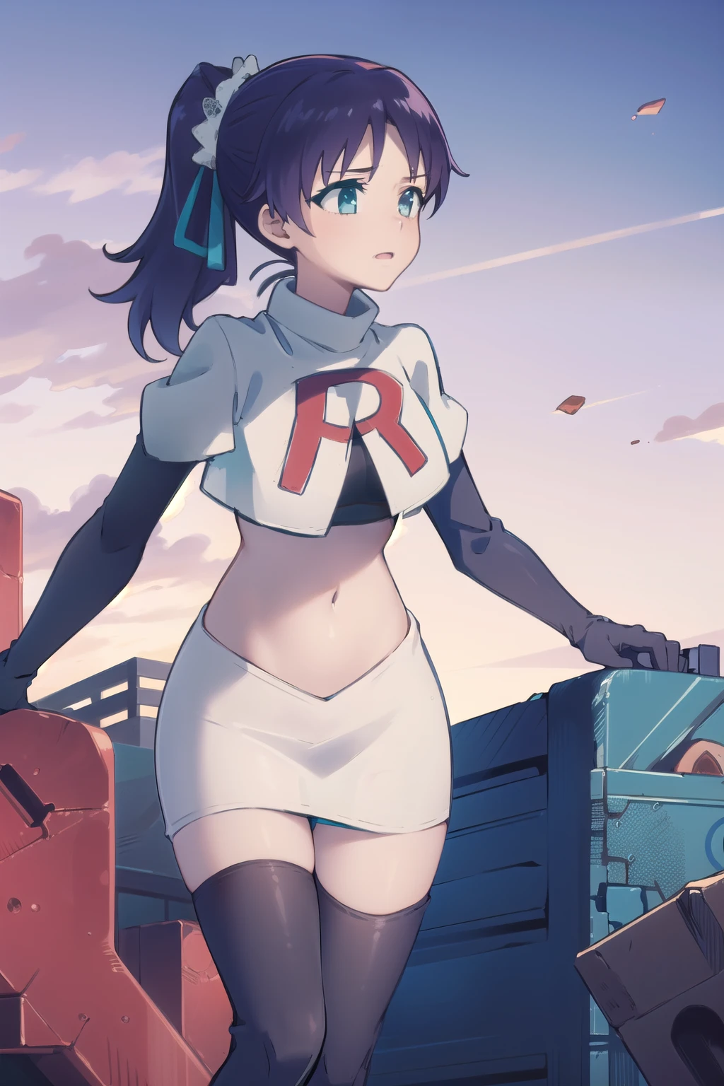 1girl,solo,outdoor,
 aatisaki,blue_hair,blue_eyes,side_ponytail,team rocket,team rocket uniform,white skirt,red letter R,crop top,black thigh-highs,black elbow gloves