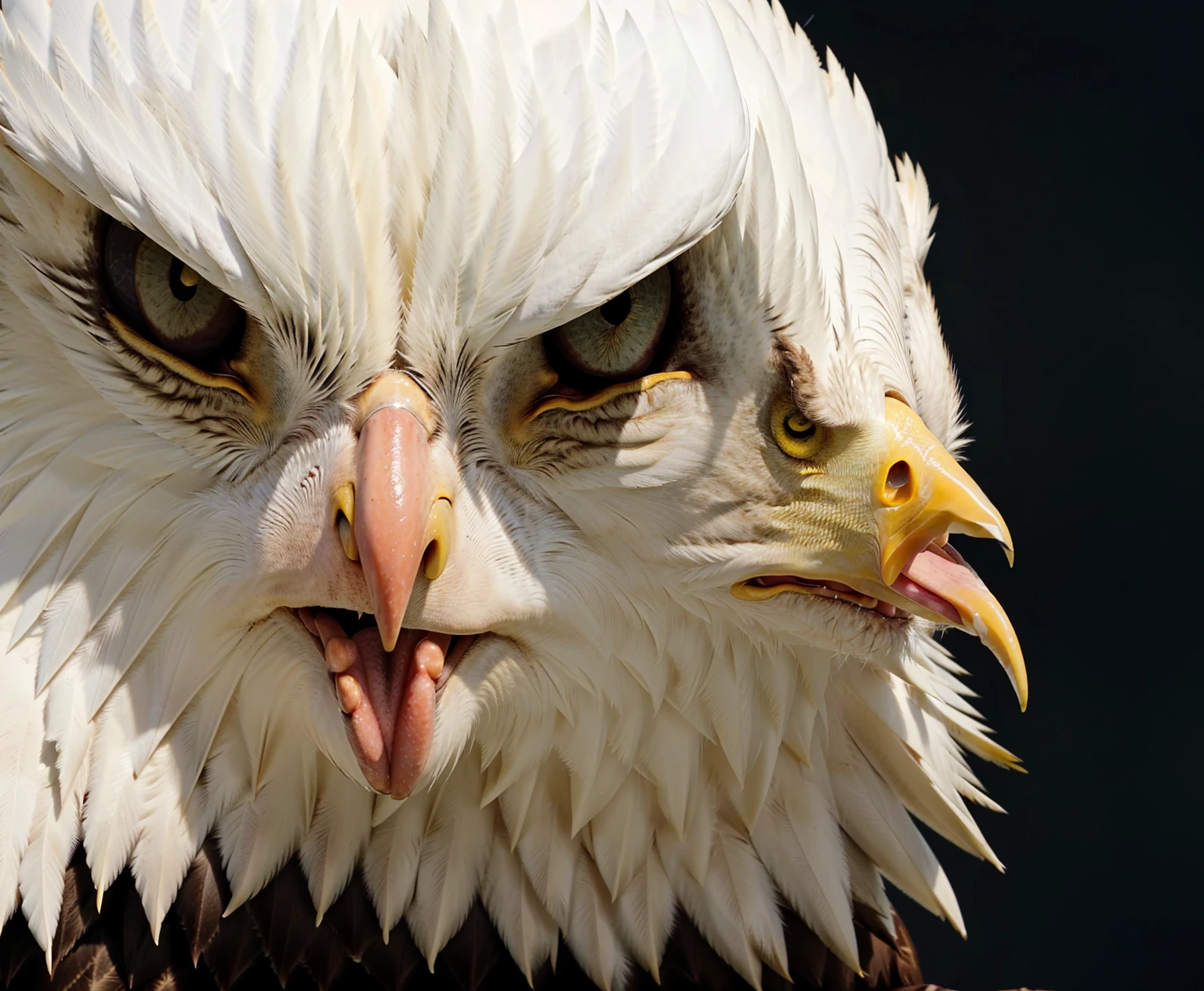 a close-up of a bald eagle with yellow eyes on a black background, intimidating look, annoyed look, annoyed looking, visibly angry, carrancuda, eagle head, intense stare, aggressive look, A rage, looking angry, angry eyes, intimidating look, annoyed looking at camera, with eagle's beak, head of an eagle, intimidating expression